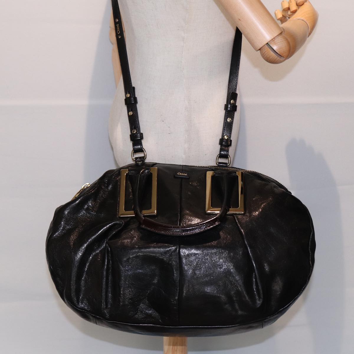 Chloe Etel Hand Bag Leather 2way Black Gold Auth th5240