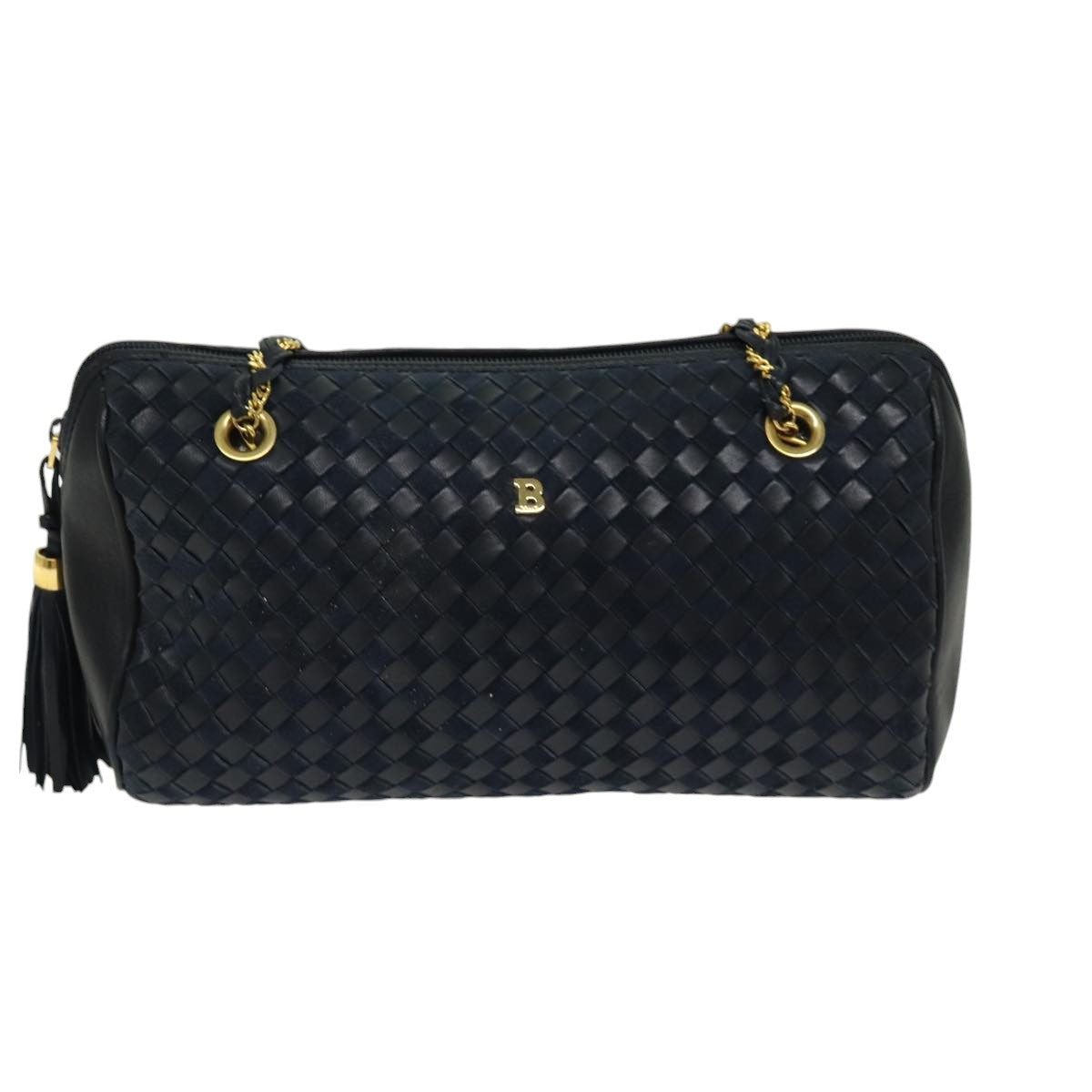 BALLY Chain Shoulder Bag Leather Navy Gold Auth th5243