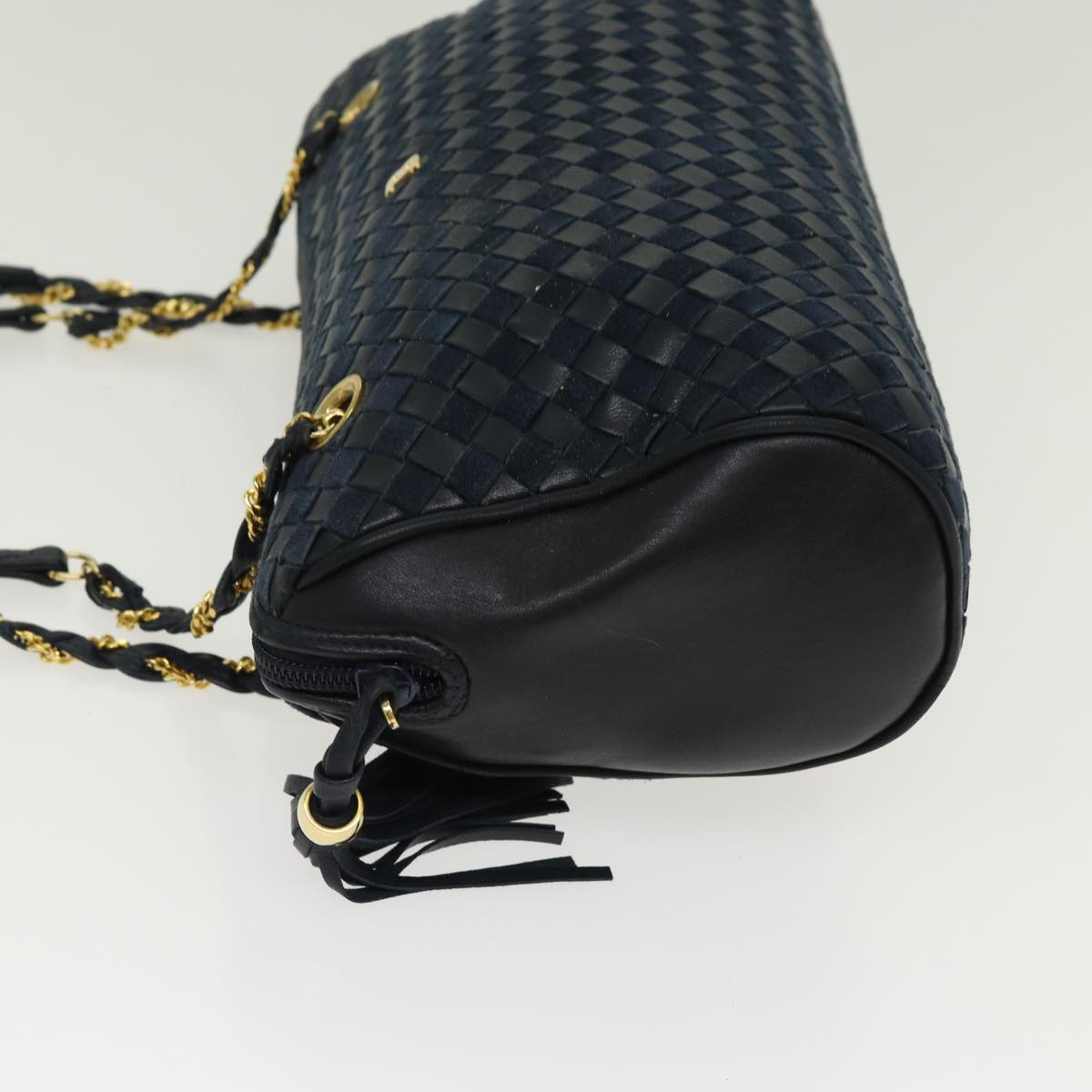 BALLY Chain Shoulder Bag Leather Navy Gold Auth th5243