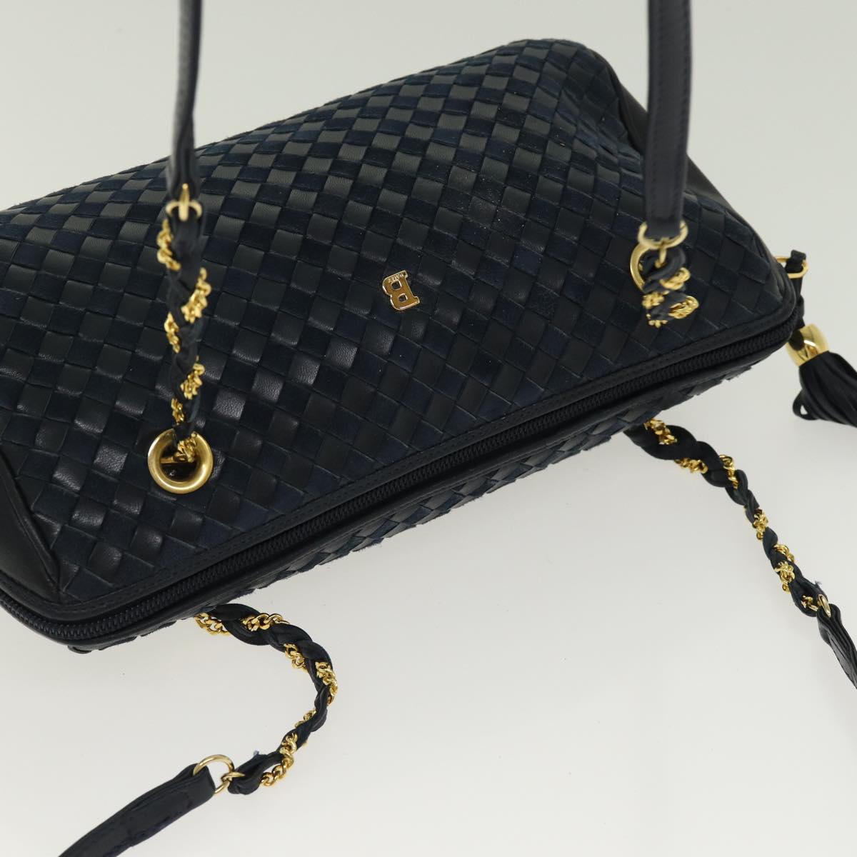 BALLY Chain Shoulder Bag Leather Navy Gold Auth th5243