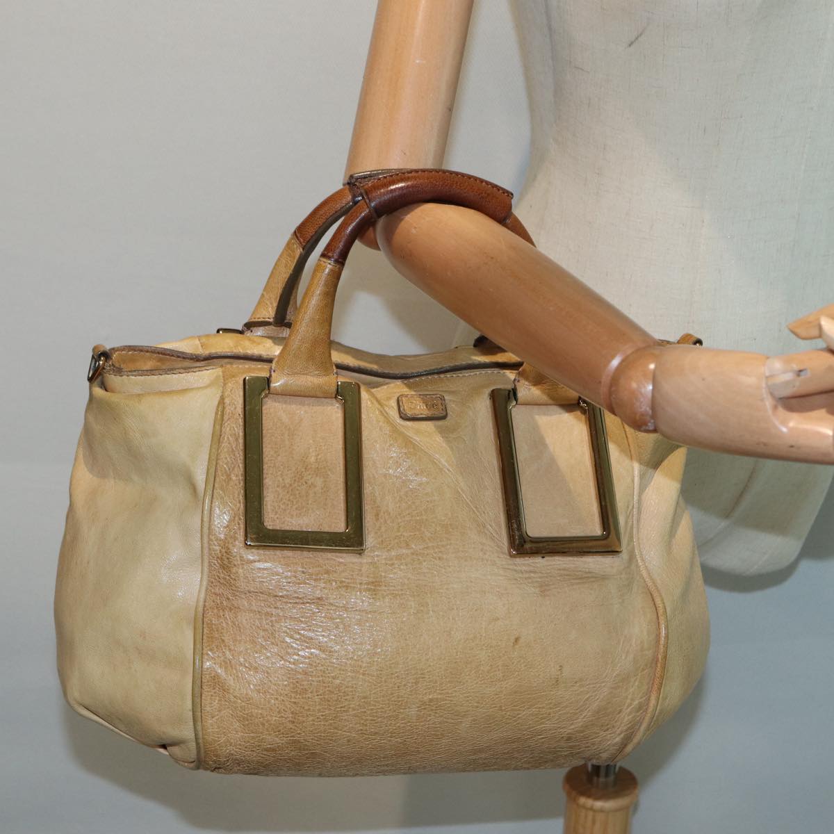 Chloe Etel Hand Bag Leather Beige Brown gold Auth th5251