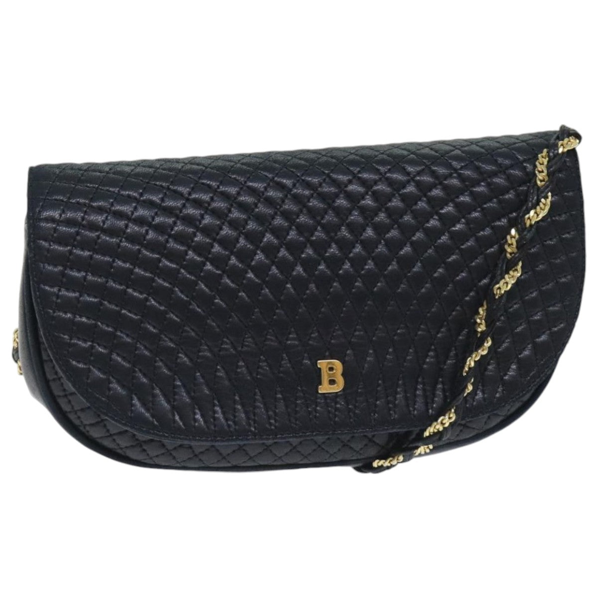 BALLY Quilted Chain Shoulder Bag Leather Black Gold Auth th5298