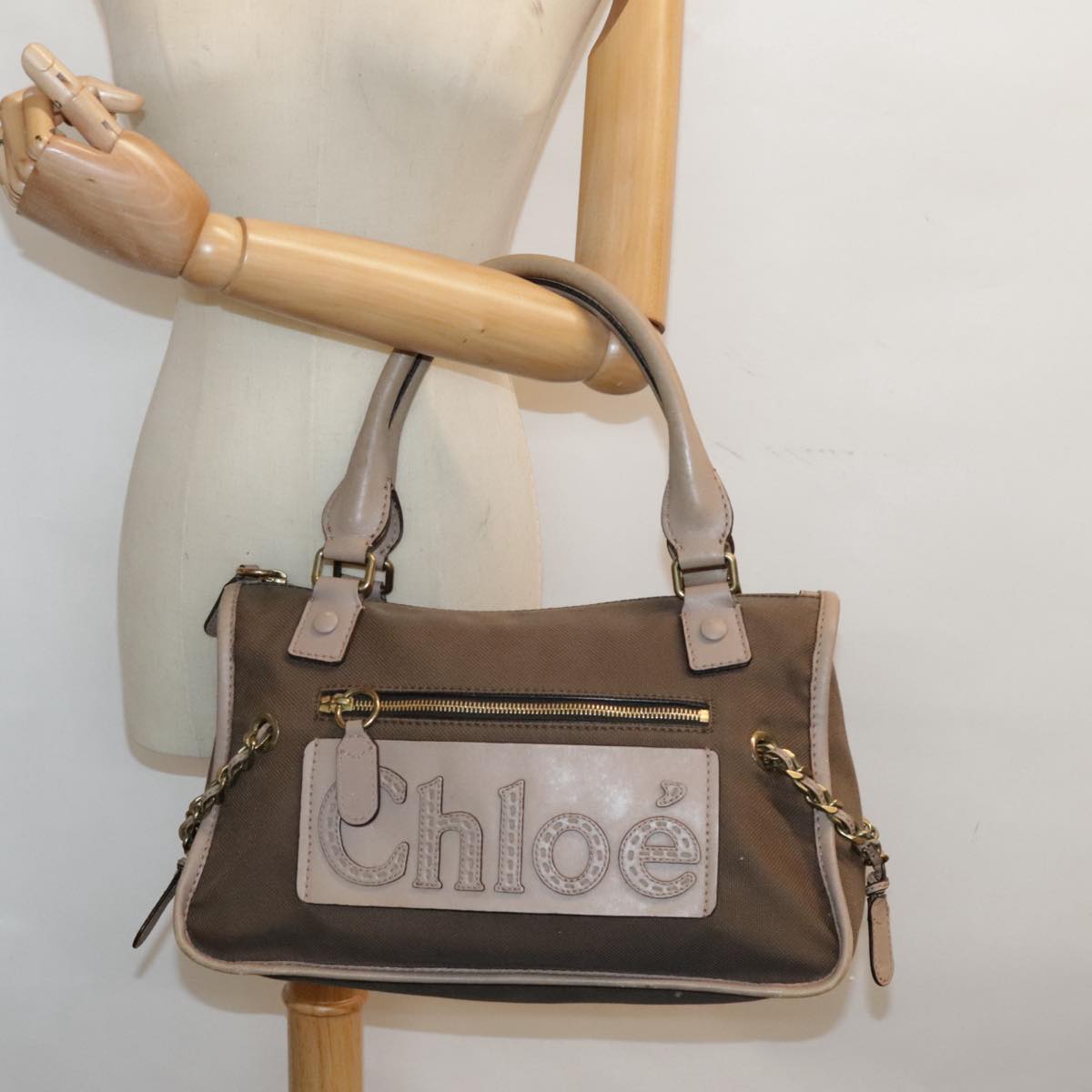 Chloe Hand Bag Canvas Leather Brown Gold Auth th5319