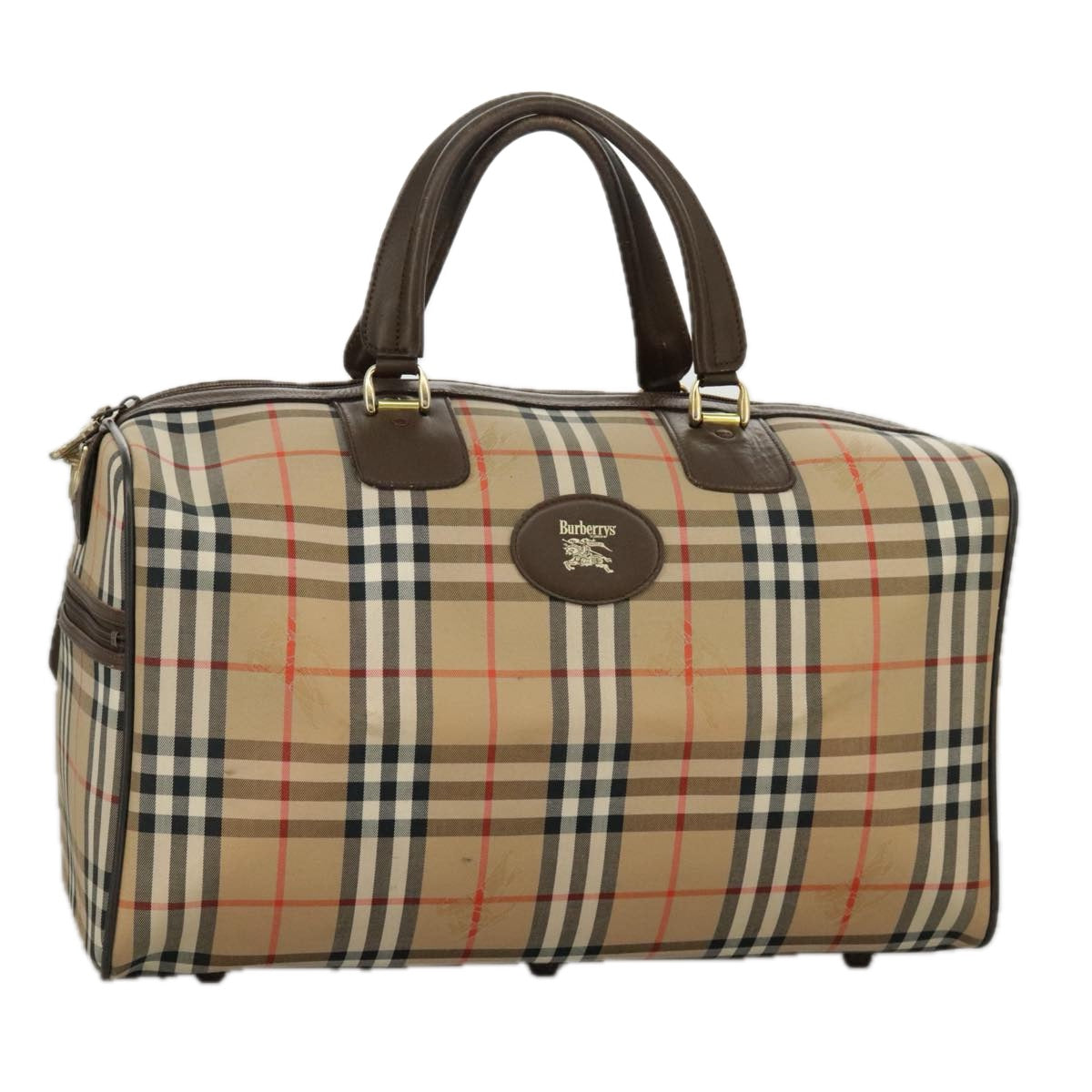 Burberrys Nova Check Boston Bag Canvas Beige Brown gold Auth th5395