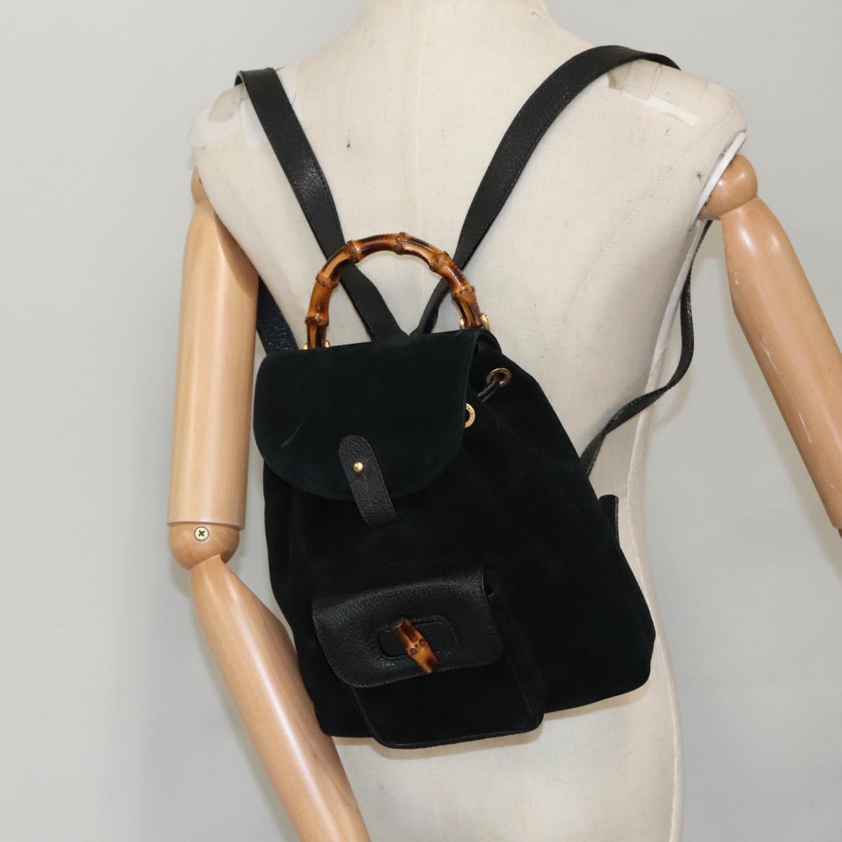 GUCCI Bamboo Backpack Suede Black Gold 003 2058 0030 Auth th5407