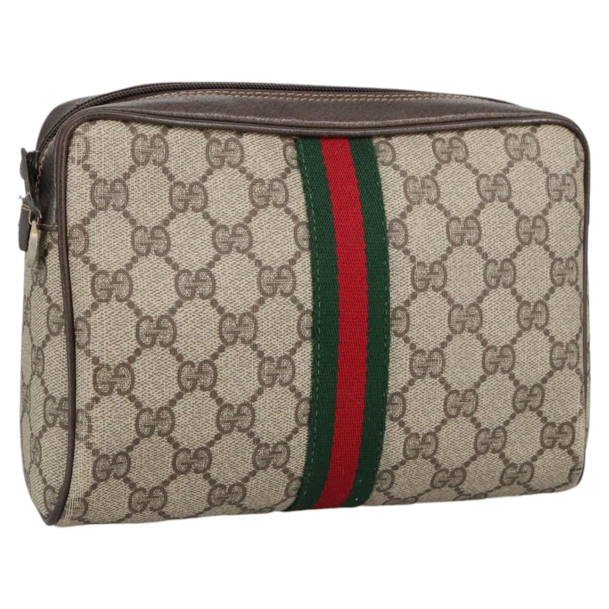 GUCCI GG Supreme Web Sherry Line Clutch Bag PVC Beige Red Green Auth th5487