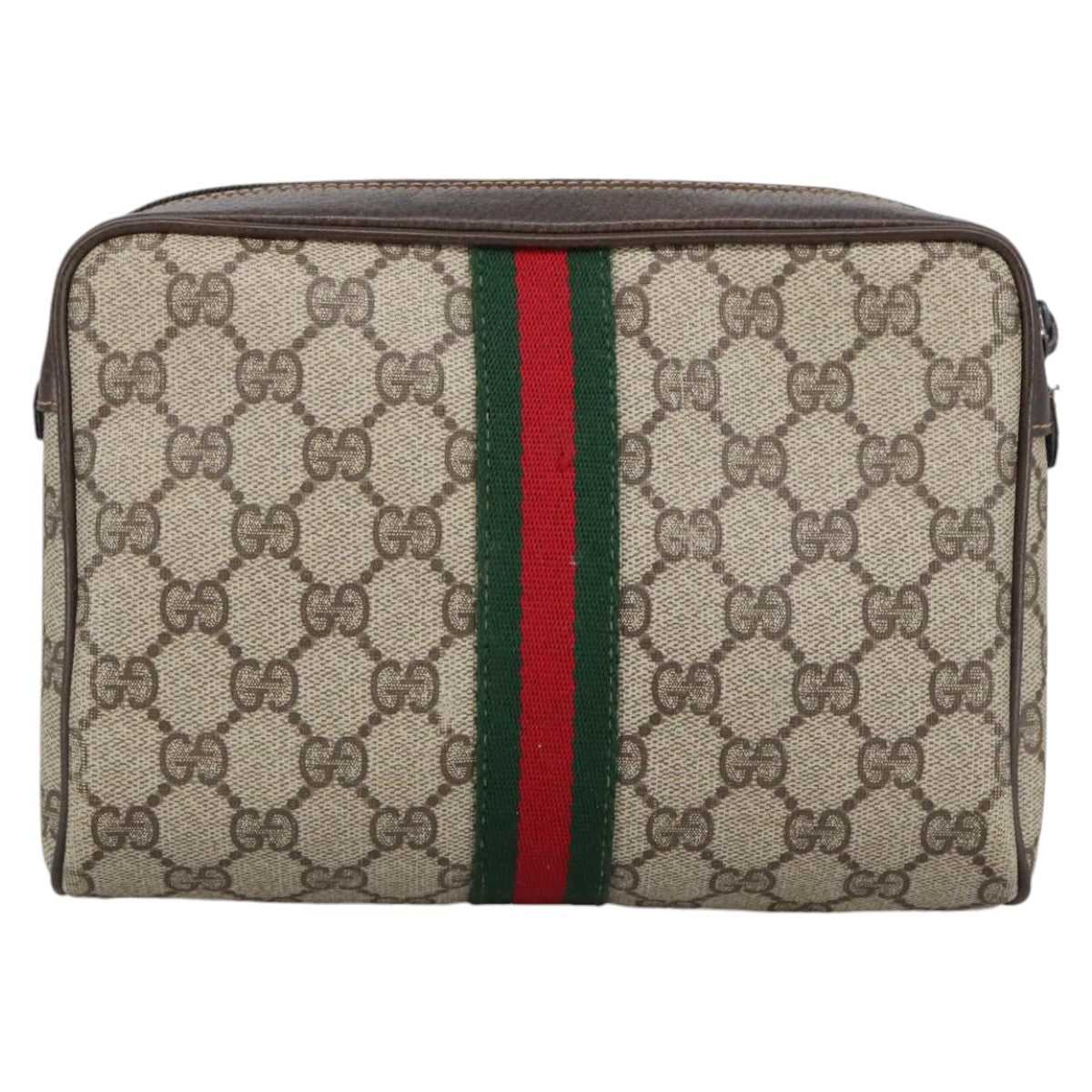 GUCCI GG Supreme Web Sherry Line Clutch Bag PVC Beige Red Green Auth th5487