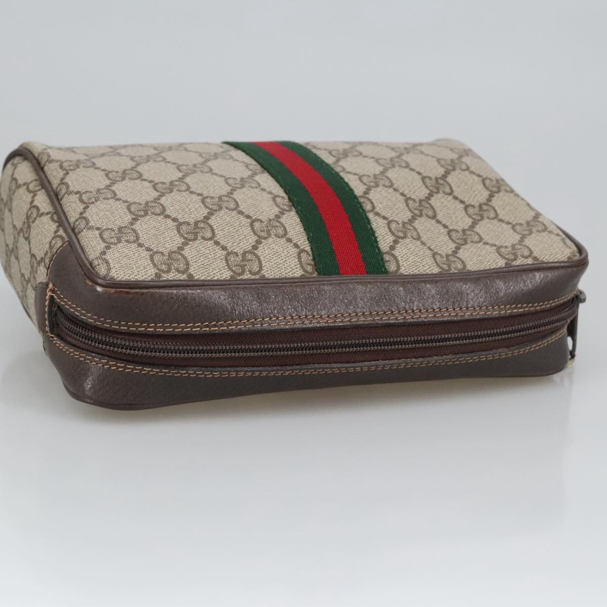 GUCCI GG Supreme Web Sherry Line Clutch Bag PVC Beige Red Green Auth th5487