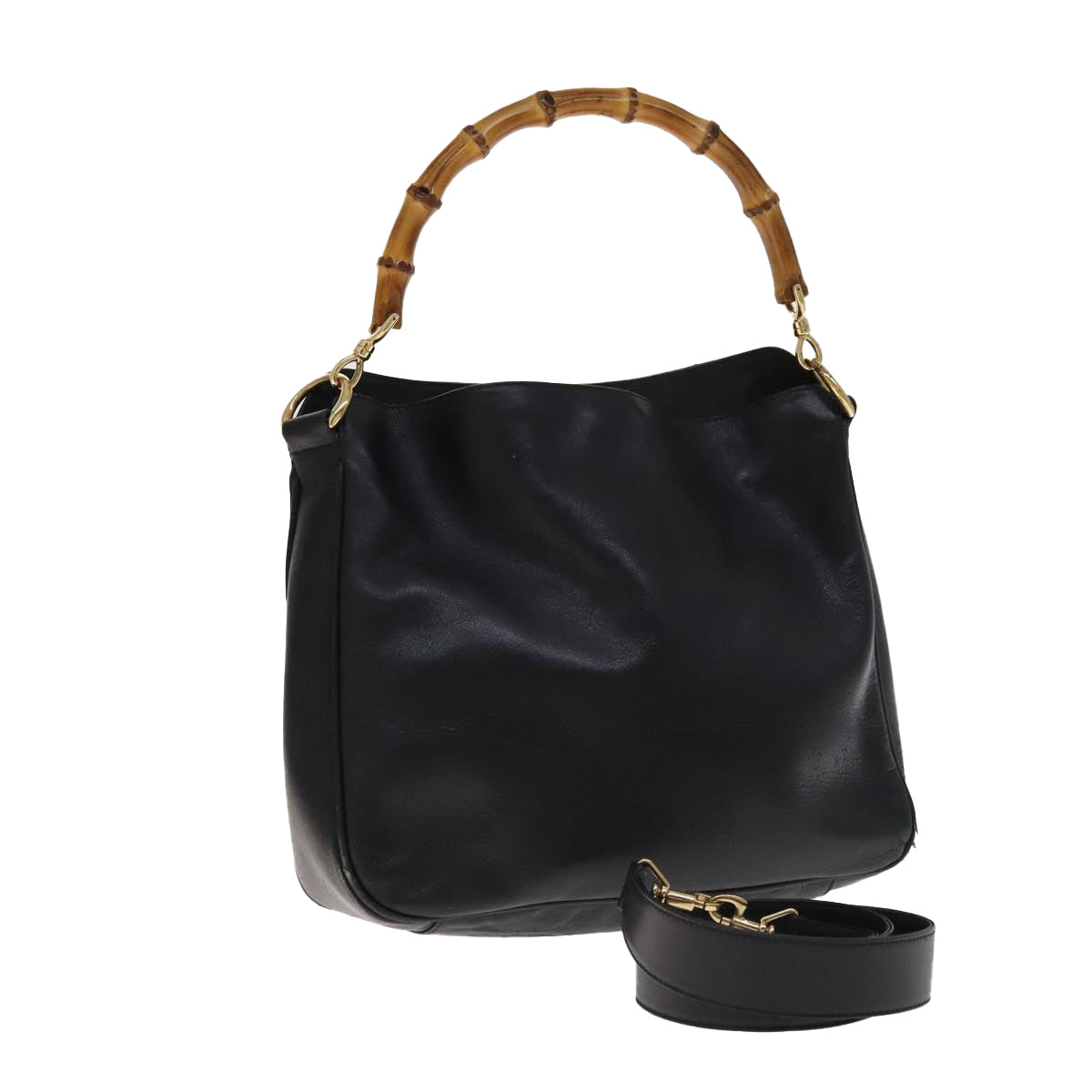 GUCCI Bamboo Hand Bag Leather 2way Black Gold 001 1705 1638 Auth th5549