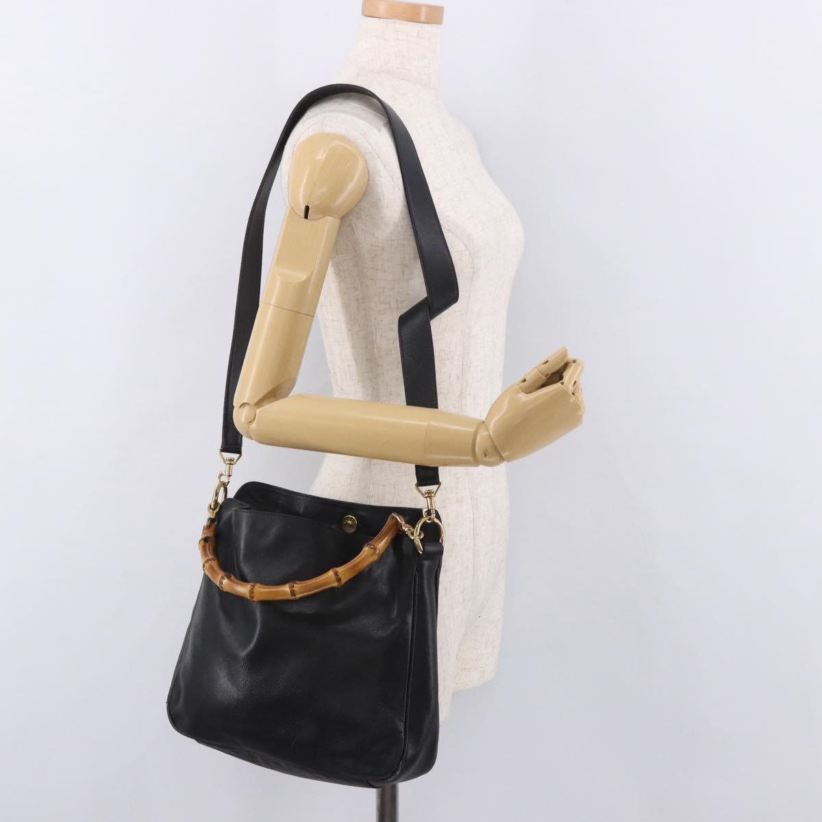 GUCCI Bamboo Hand Bag Leather 2way Black Gold 001 1705 1638 Auth th5549