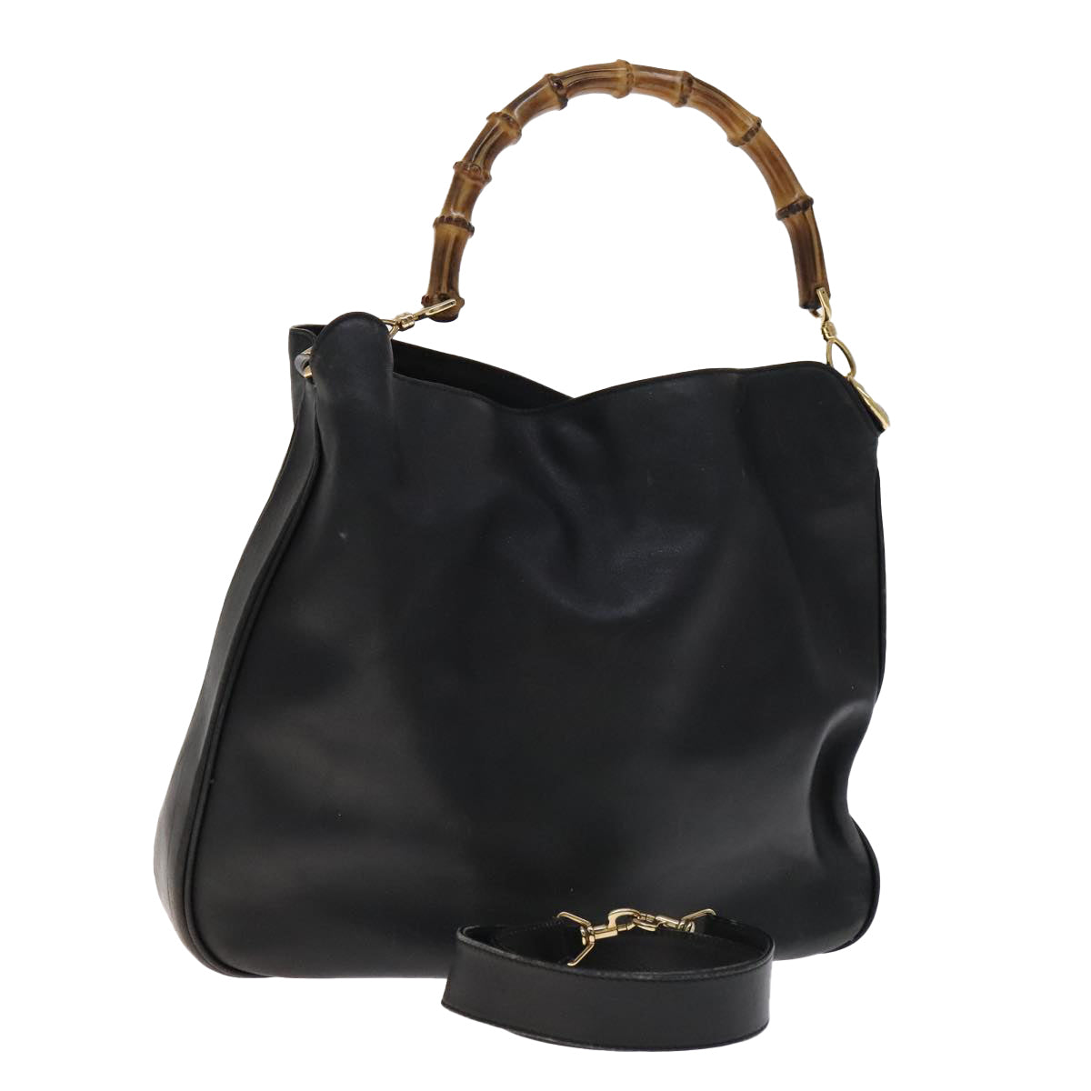 GUCCI Bamboo Hand Bag Leather 2way Black Gold 001 2113 1577 Auth th5555