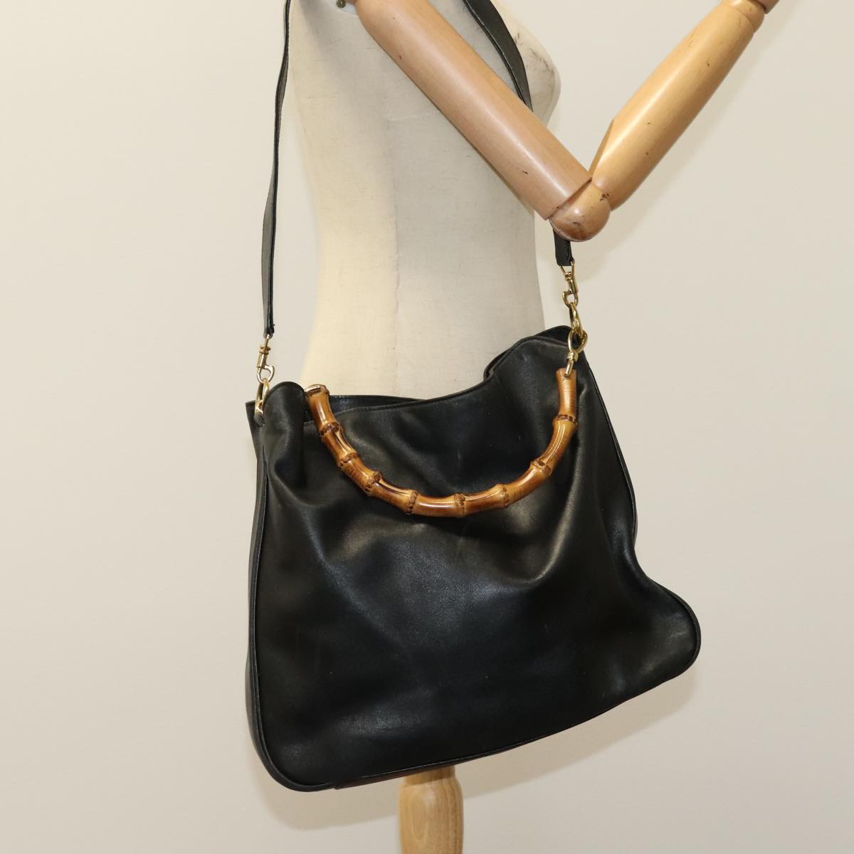 GUCCI Bamboo Hand Bag Leather 2way Black Gold 001 2113 1577 Auth th5555