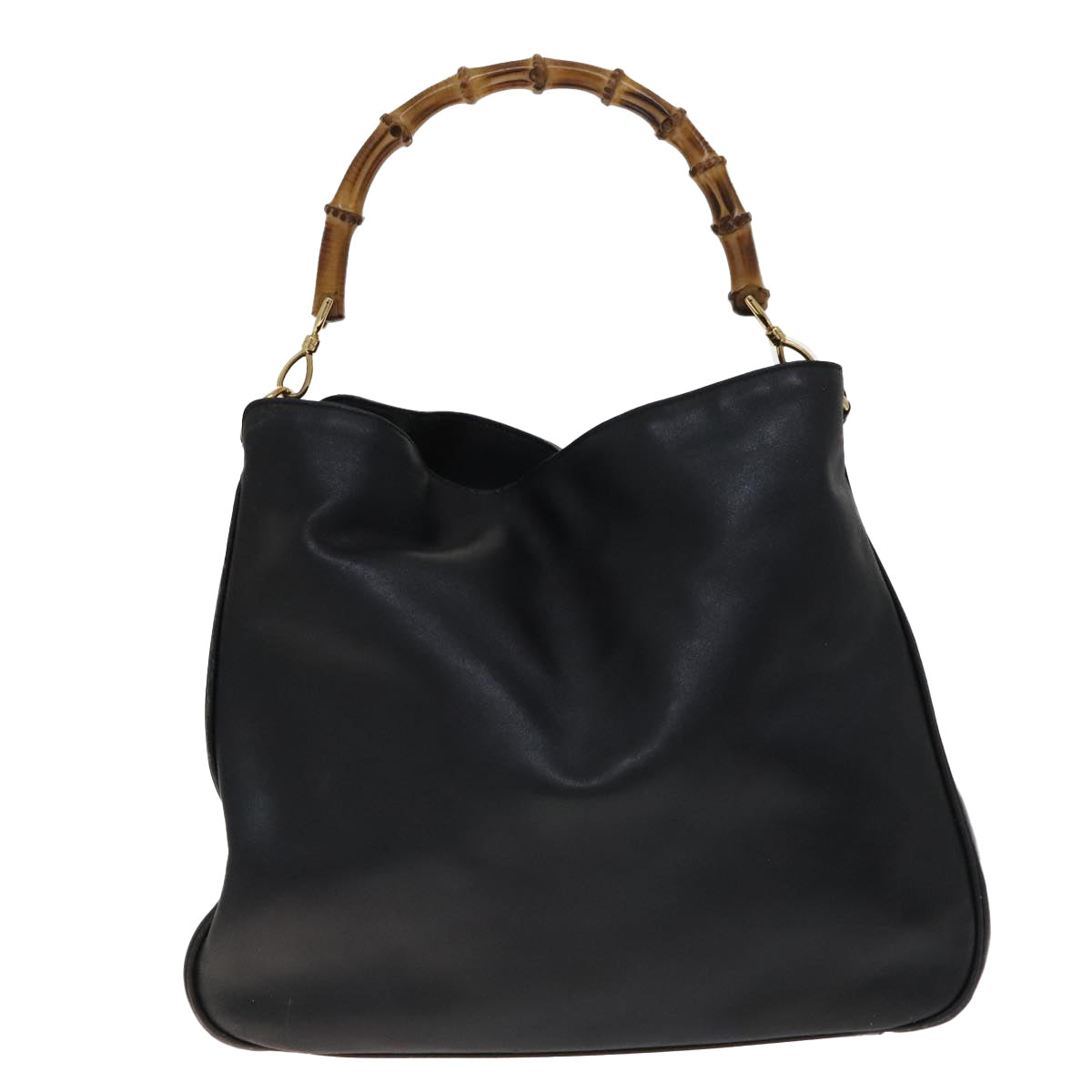 GUCCI Bamboo Hand Bag Leather 2way Black Gold 001 2113 1577 Auth th5555