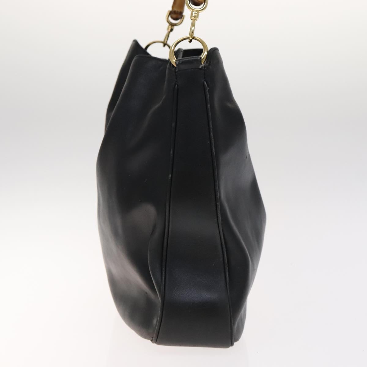 GUCCI Bamboo Hand Bag Leather 2way Black Gold 001 2113 1577 Auth th5555