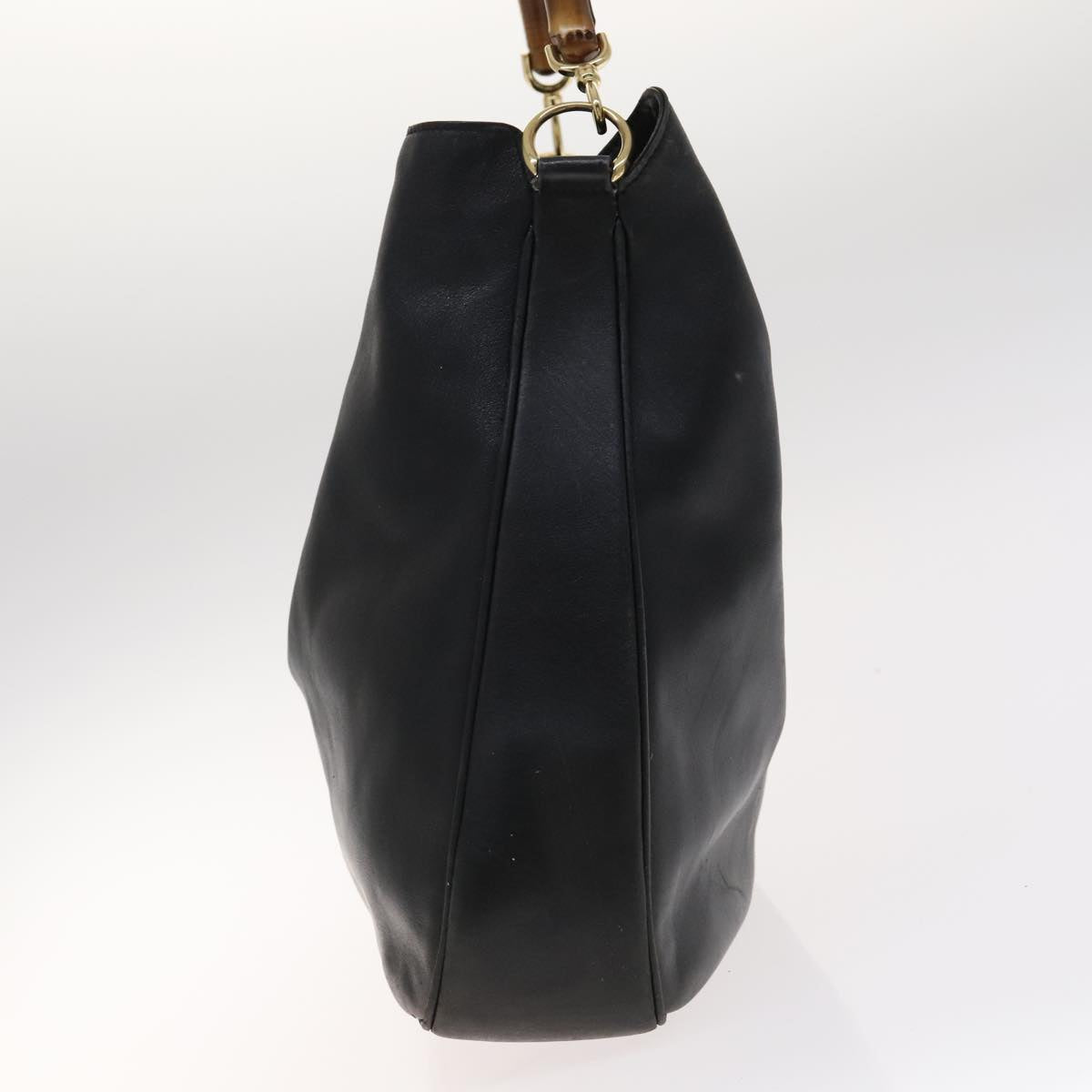 GUCCI Bamboo Hand Bag Leather 2way Black Gold 001 2113 1577 Auth th5555