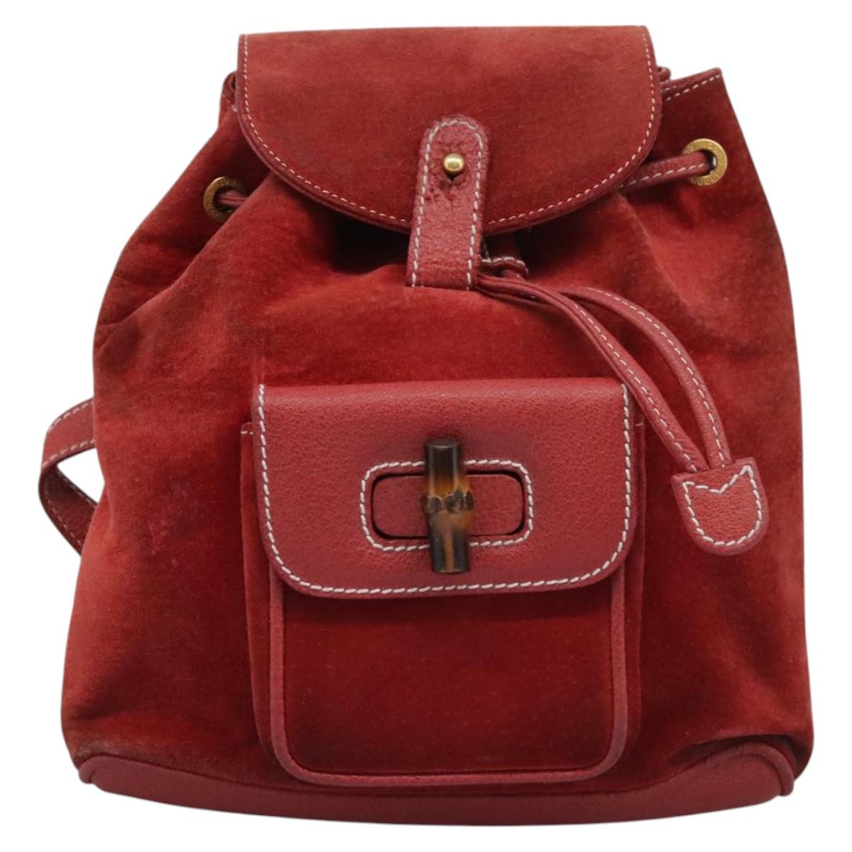 GUCCI Bamboo Backpack Suede Leather Red Gold 003 2852 0030 0 Auth th5663
