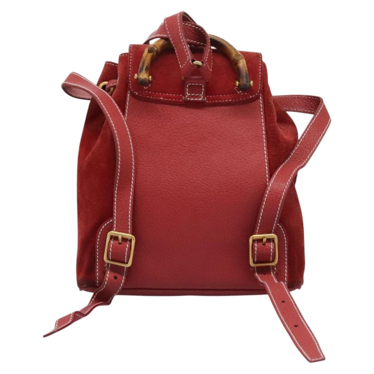 GUCCI Bamboo Backpack Suede Leather Red Gold 003 2852 0030 0 Auth th5663