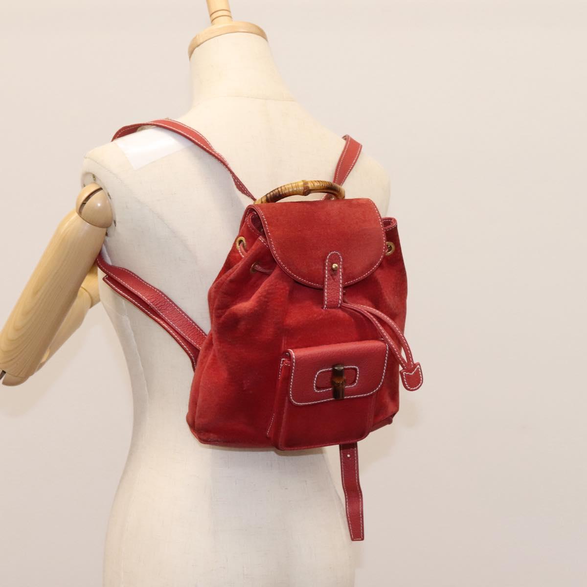 GUCCI Bamboo Backpack Suede Leather Red Gold 003 2852 0030 0 Auth th5663