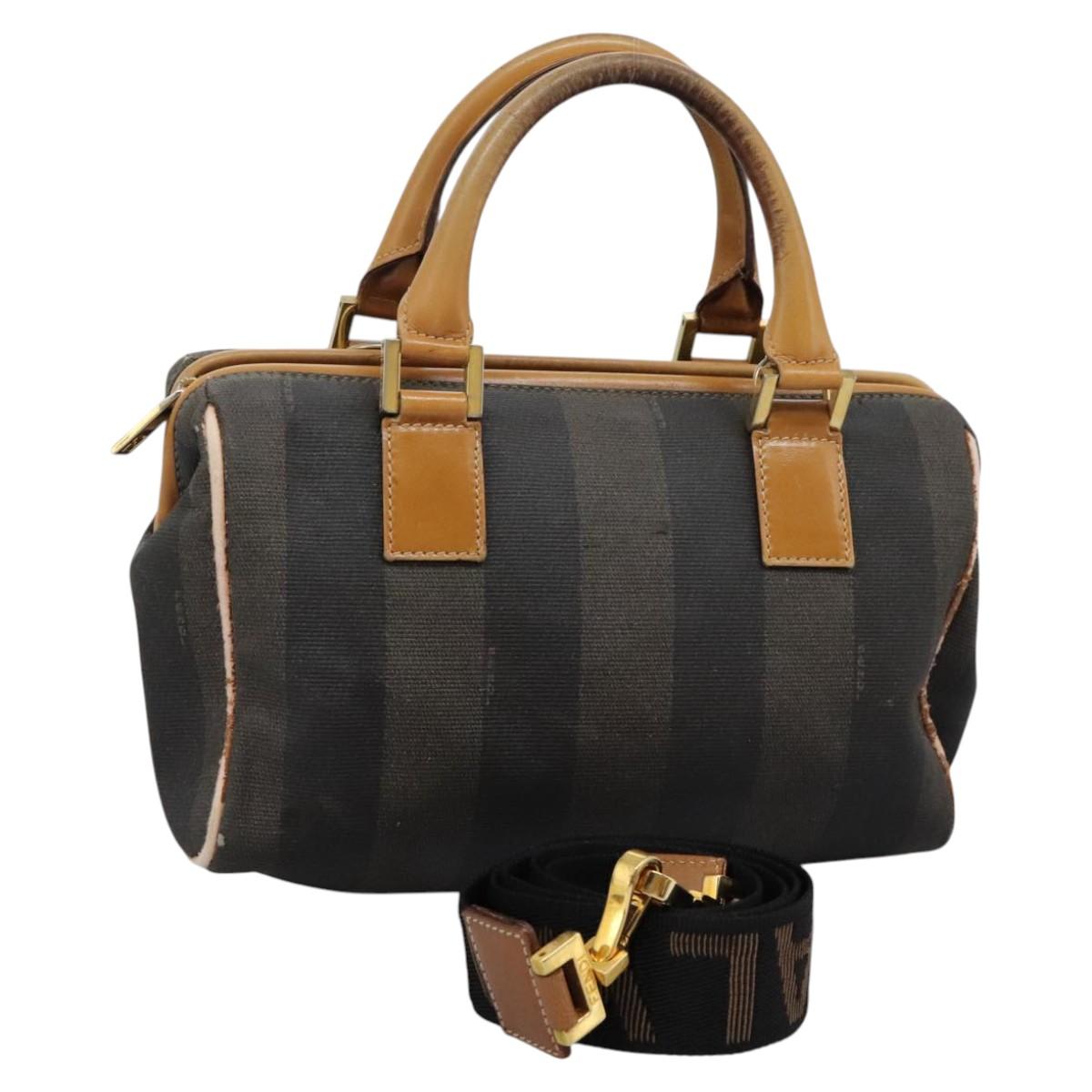 FENDI Pecan Canvas Hand Bag 2way Brown Black gold Auth th5780