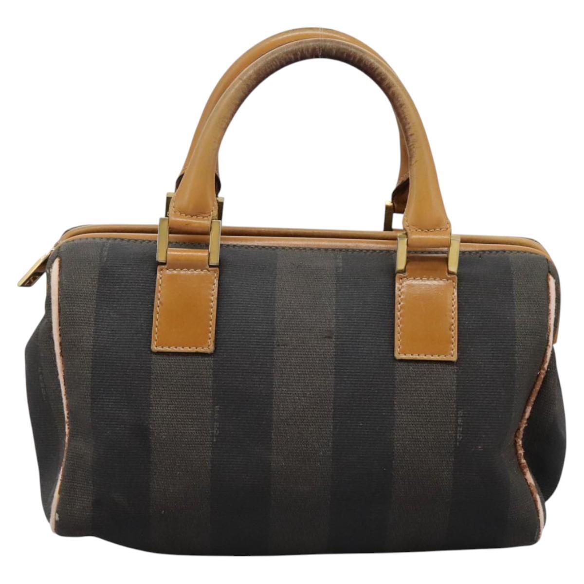 FENDI Pecan Canvas Hand Bag 2way Brown Black gold Auth th5780