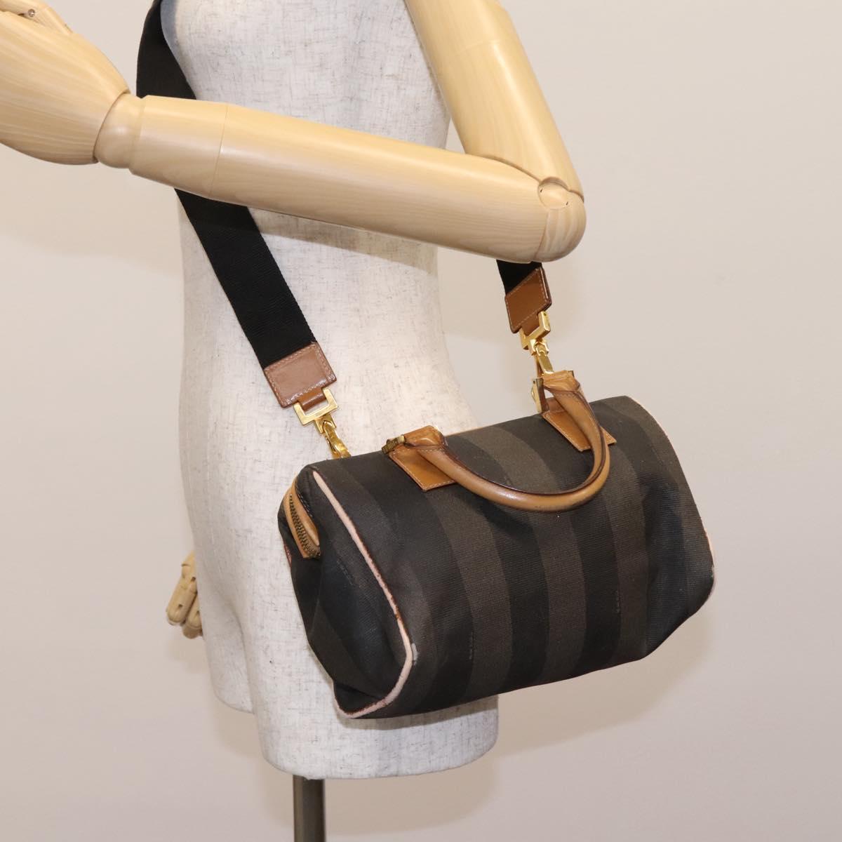 FENDI Pecan Canvas Hand Bag 2way Brown Black gold Auth th5780