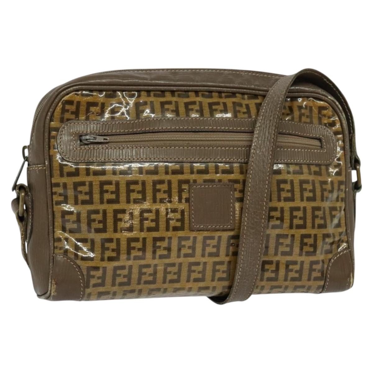 FENDI Zucchino Canvas Shoulder Bag Coated Canvas Brown Gold Auth th5787