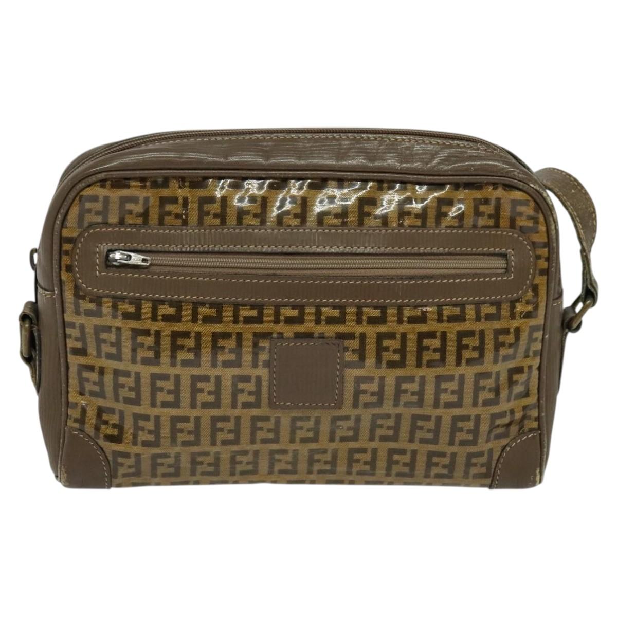 FENDI Zucchino Canvas Shoulder Bag Coated Canvas Brown Gold Auth th5787