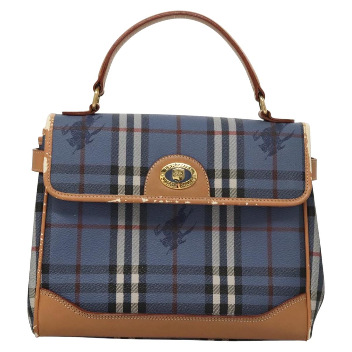 Burberrys Nova Check Hand Bag PVC Leather 2way Blue Auth th5802