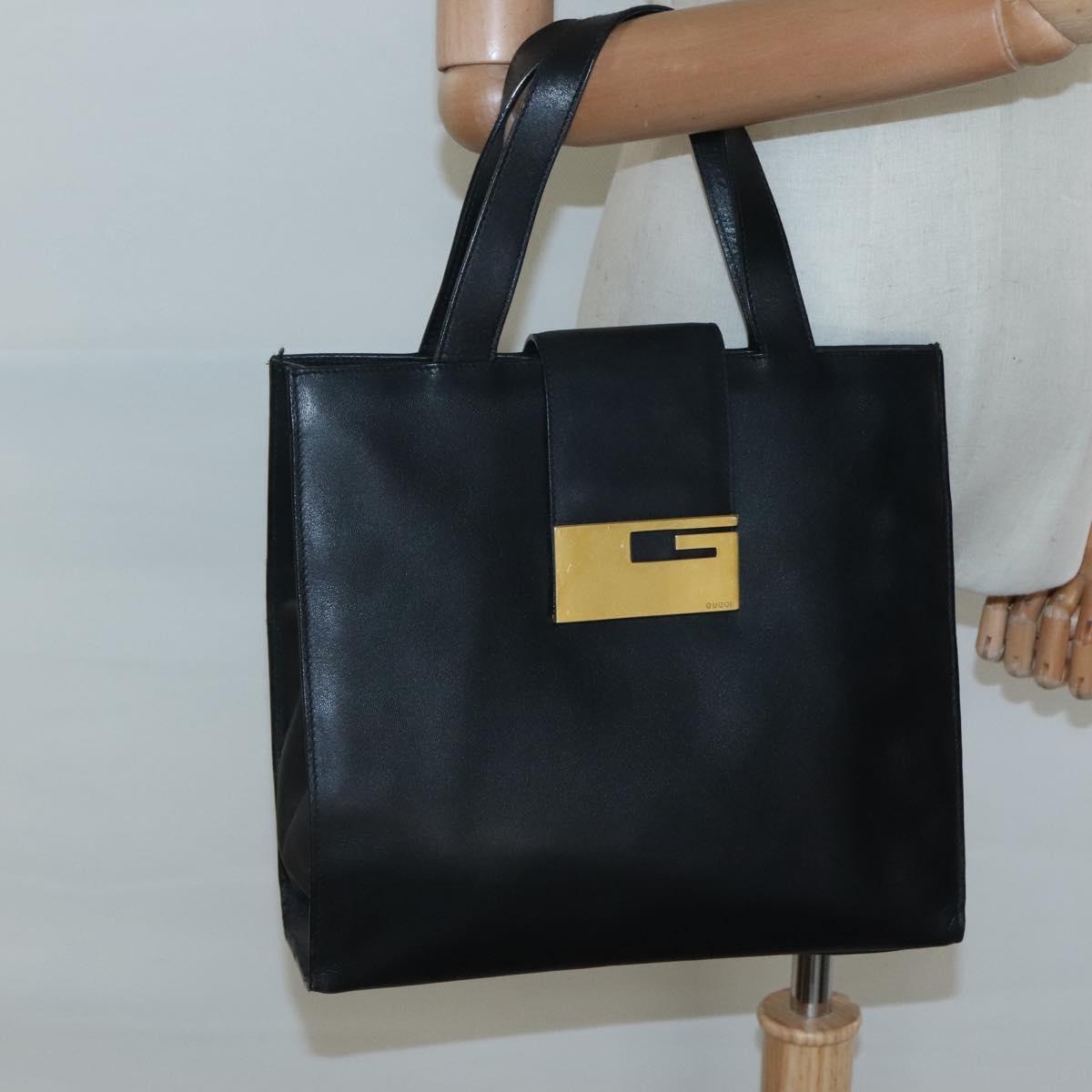 GUCCI Hand Bag Leather Black Gold Auth th5874