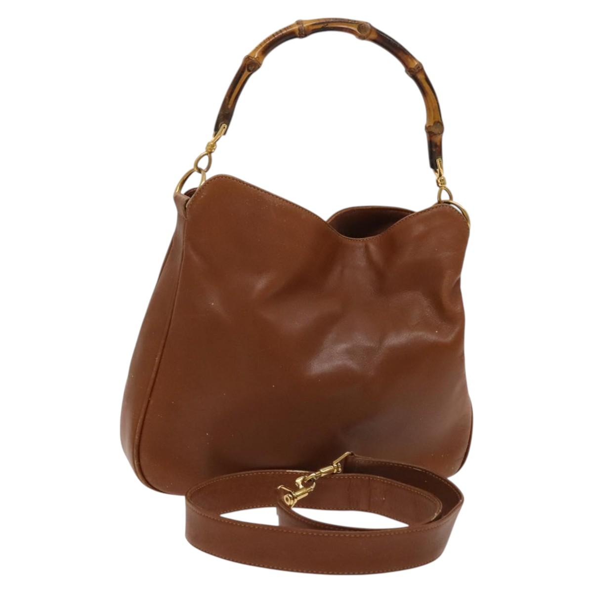 GUCCI Bamboo Hand Bag Leather 2way Brown Gold 001 3444 1638 Auth th5971