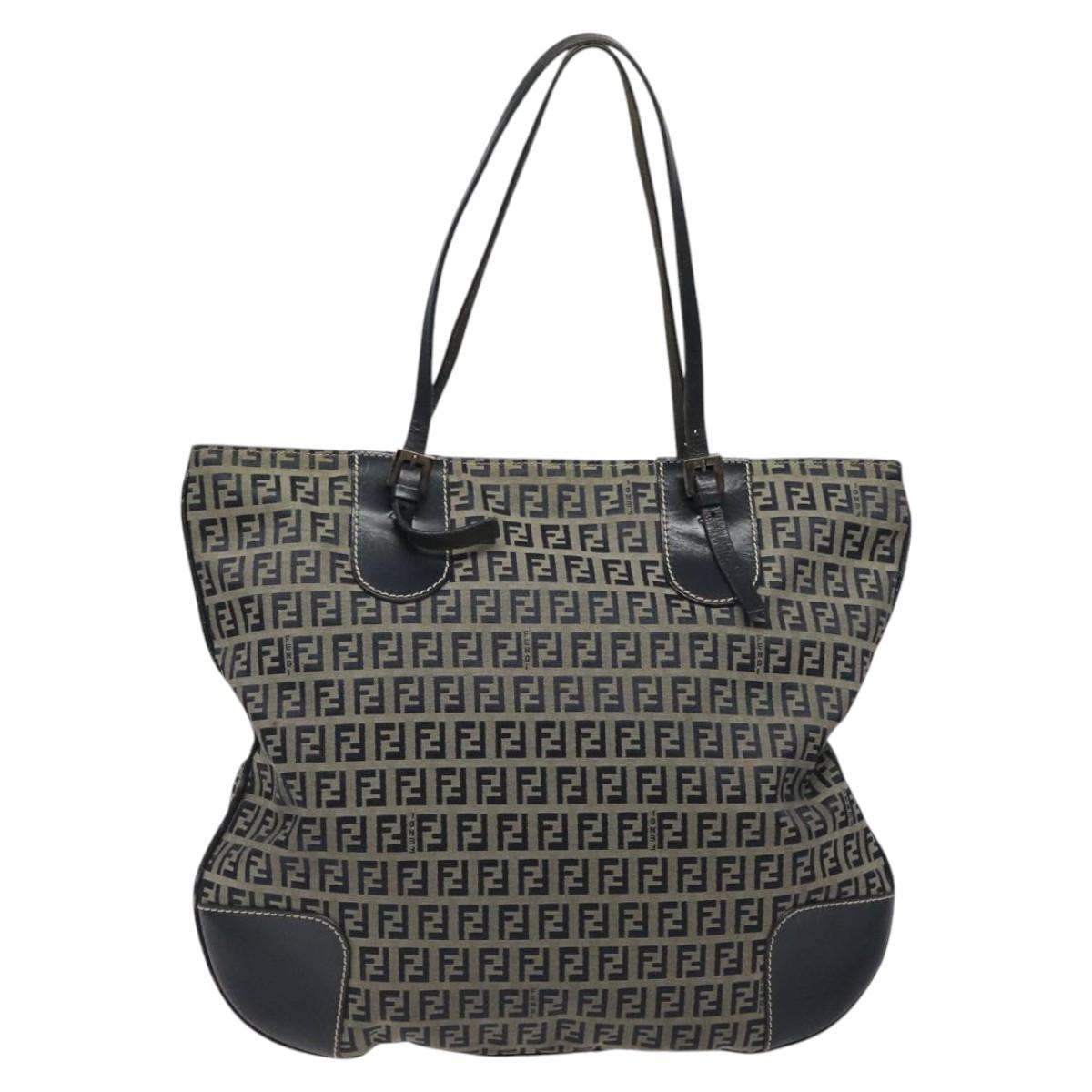 FENDI Zucchino Canvas Hand Bag Navy Silver Auth th6019