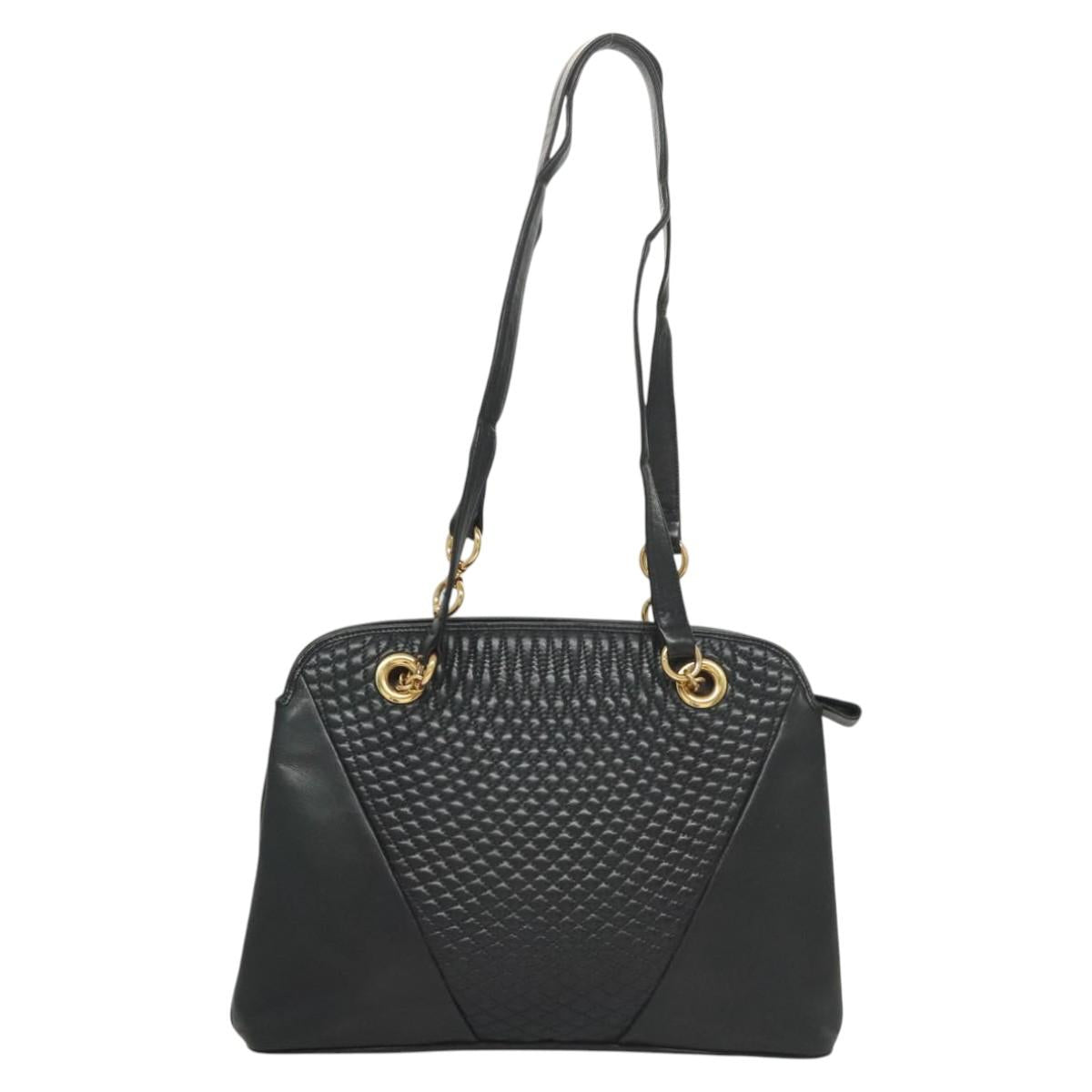 BALLY Quilted Shoulder Bag Leather Navy Gold Auth th6030