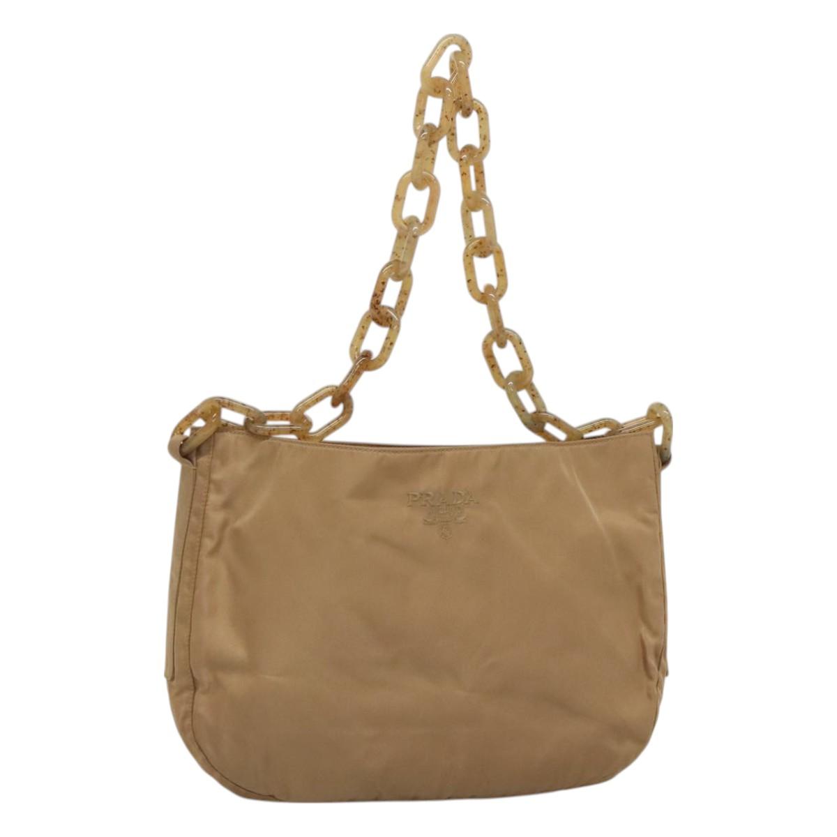 PRADA Chain Shoulder Bag Nylon Beige Auth th6074