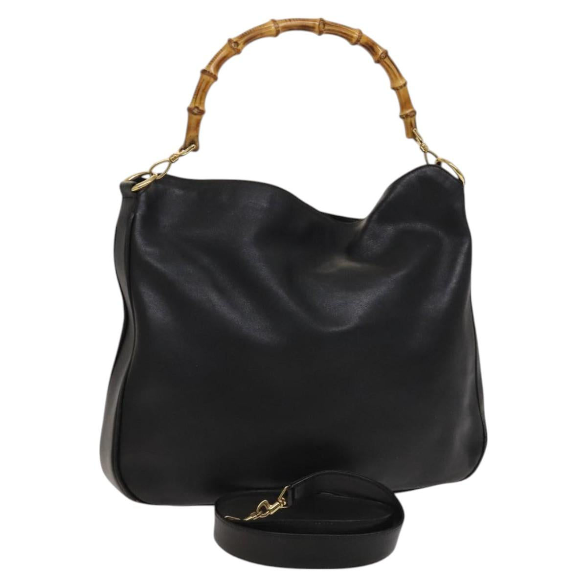 GUCCI Bamboo Hand Bag Leather 2way Black Gold 001 1577 Auth th6086