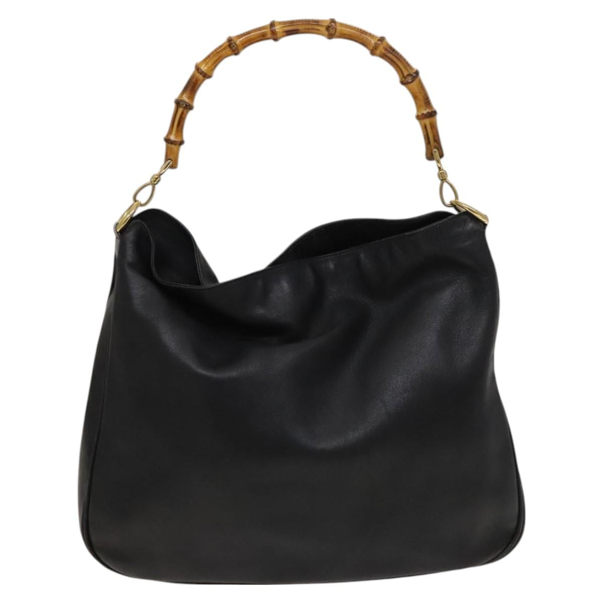GUCCI Bamboo Hand Bag Leather 2way Black Gold 001 1577 Auth th6086