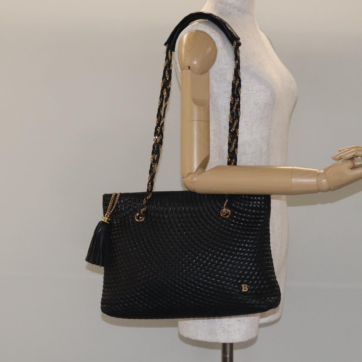 BALLY Quilted Chain Shoulder Bag Leather Black Gold Auth th6148