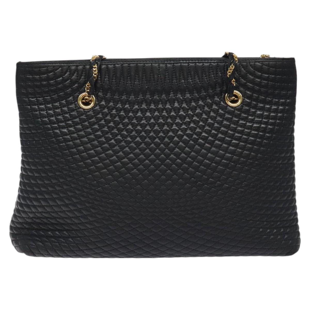 BALLY Quilted Chain Shoulder Bag Leather Black Gold Auth th6148