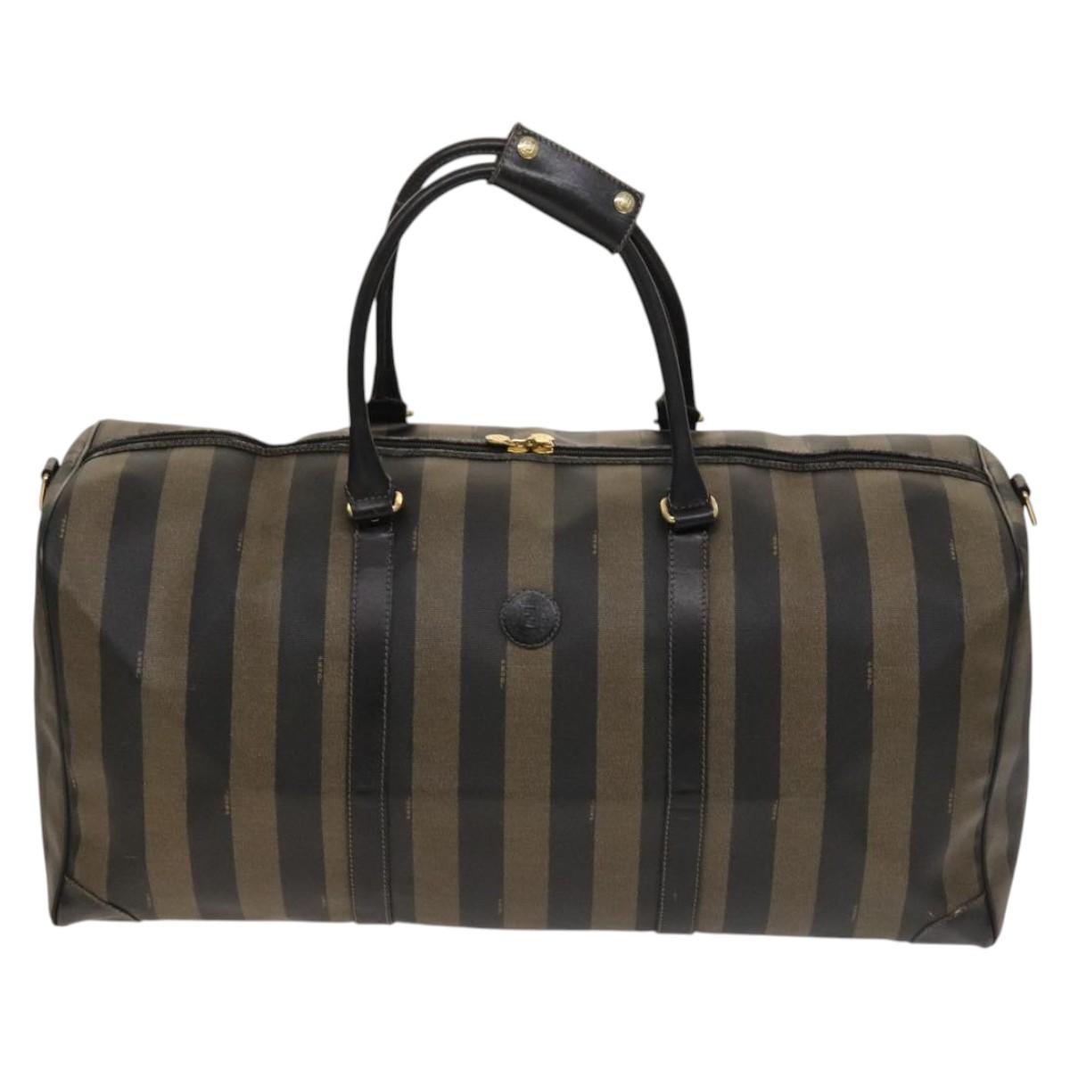 FENDI Pecan Canvas Boston Bag PVC 2way Black Brown Auth th6160
