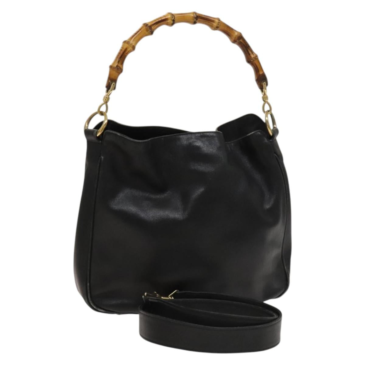 GUCCI Bamboo Hand Bag Leather 2way Black Gold 001 3754 1638 Auth th6215