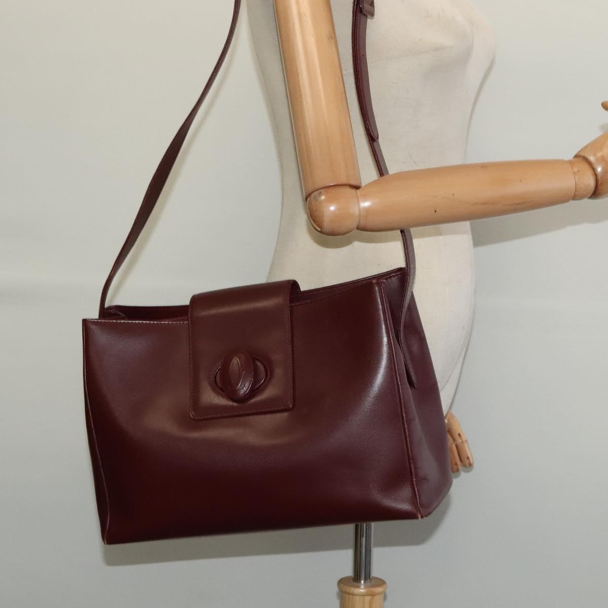 CARTIER Shoulder Bag Leather Bordeaux Gold Auth th6259
