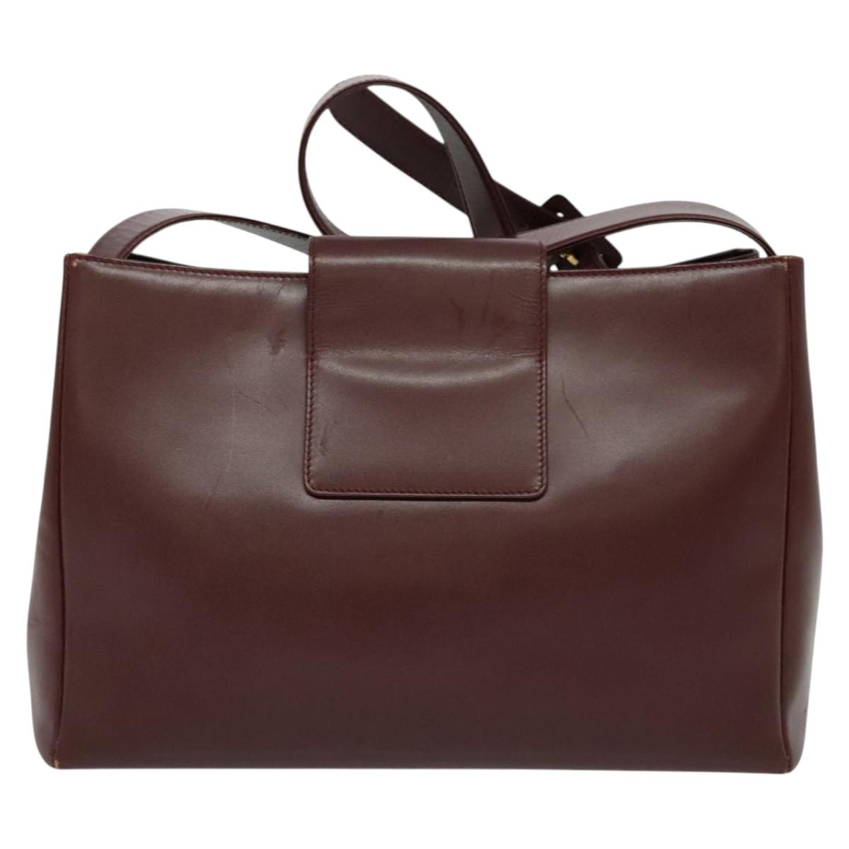CARTIER Shoulder Bag Leather Bordeaux Gold Auth th6259