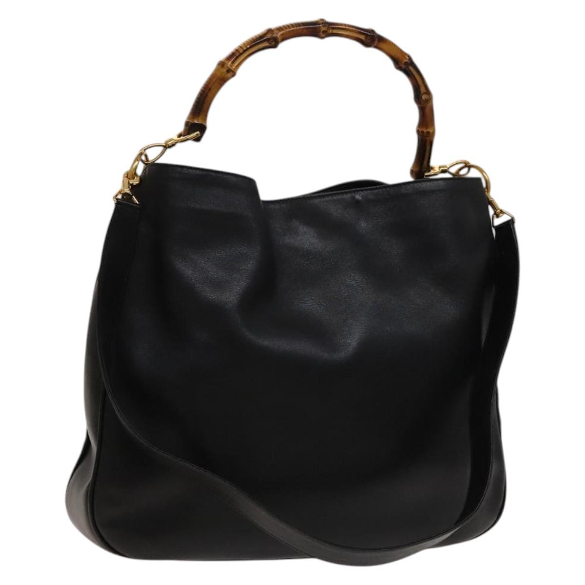 GUCCI Bamboo Hand Bag Leather 2way Black Gold 001 1731 1577 Auth th6271