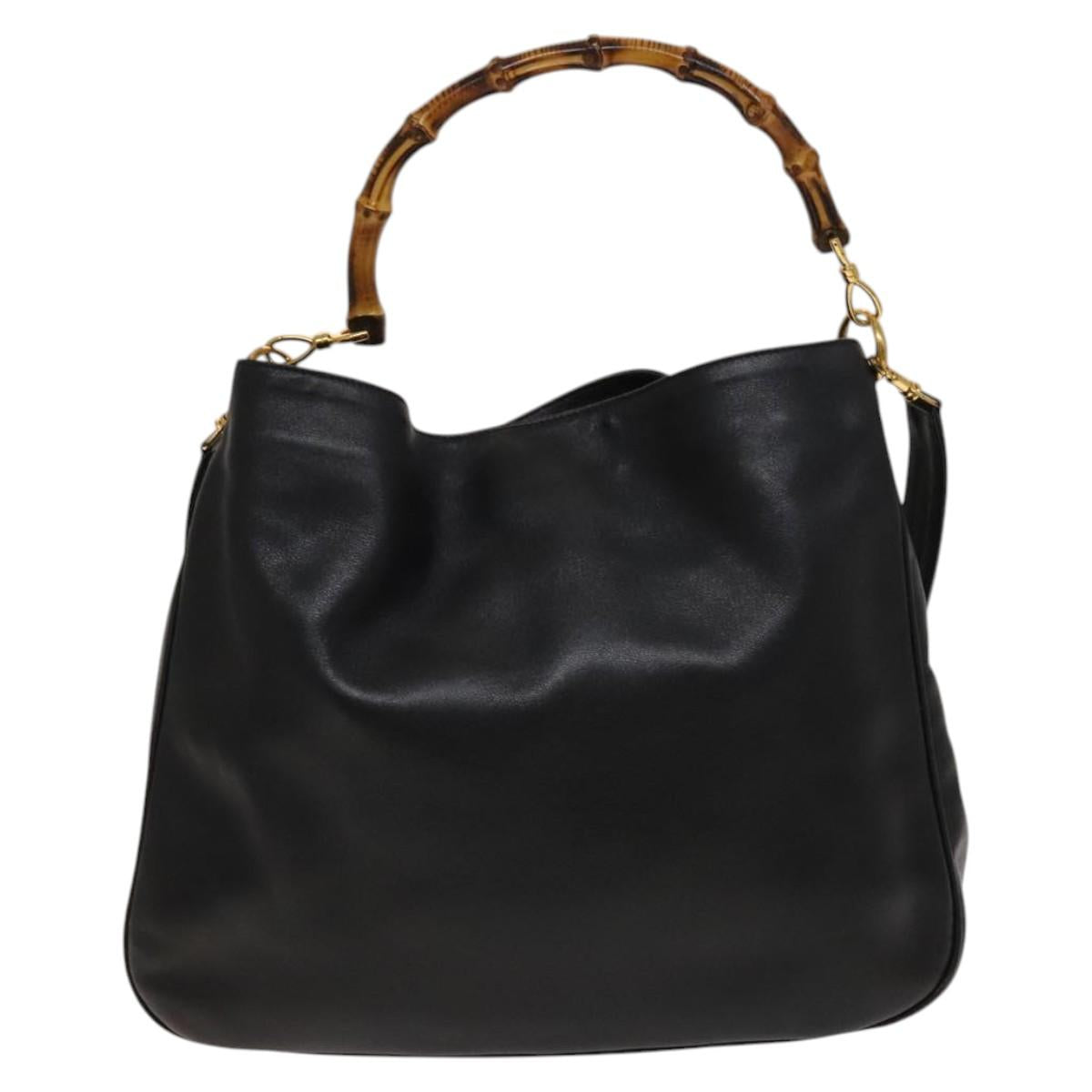 GUCCI Bamboo Hand Bag Leather 2way Black Gold 001 1731 1577 Auth th6271