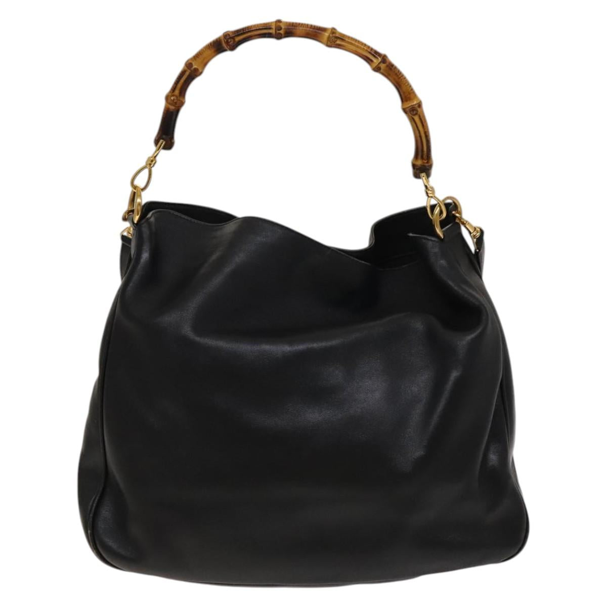 GUCCI Bamboo Hand Bag Leather 2way Black Gold 001 1731 1577 Auth th6271