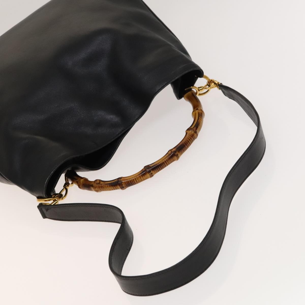 GUCCI Bamboo Hand Bag Leather 2way Black Gold 001 1731 1577 Auth th6271