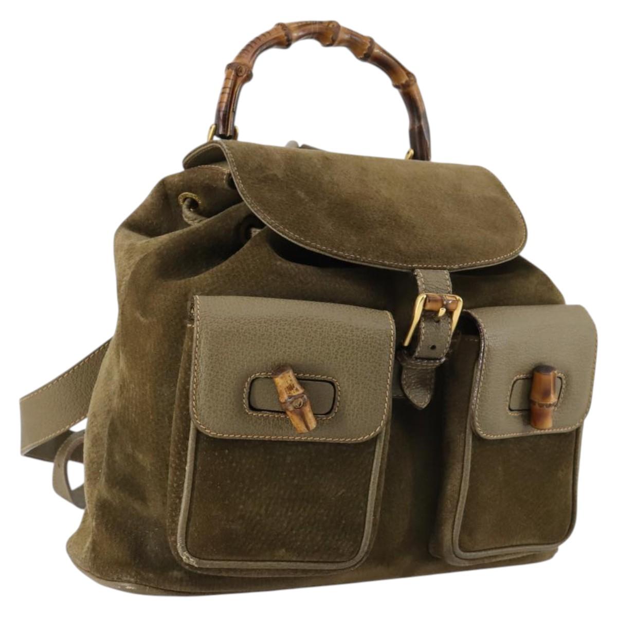 GUCCI Bamboo Backpack Suede Khaki Gold 003 2058 0016 Auth th6322