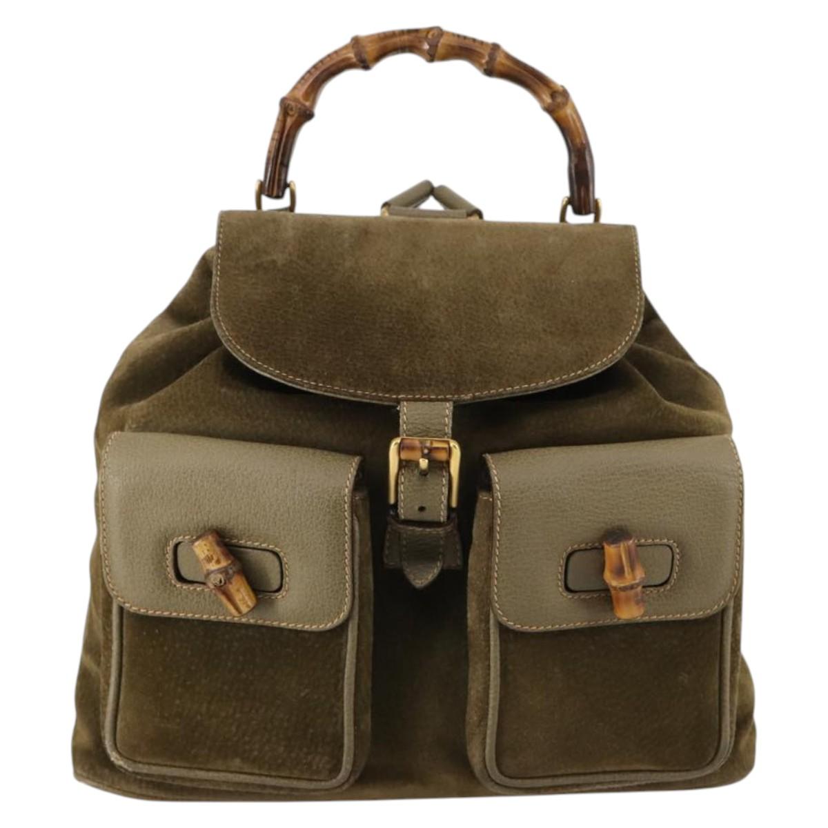 GUCCI Bamboo Backpack Suede Khaki Gold 003 2058 0016 Auth th6322