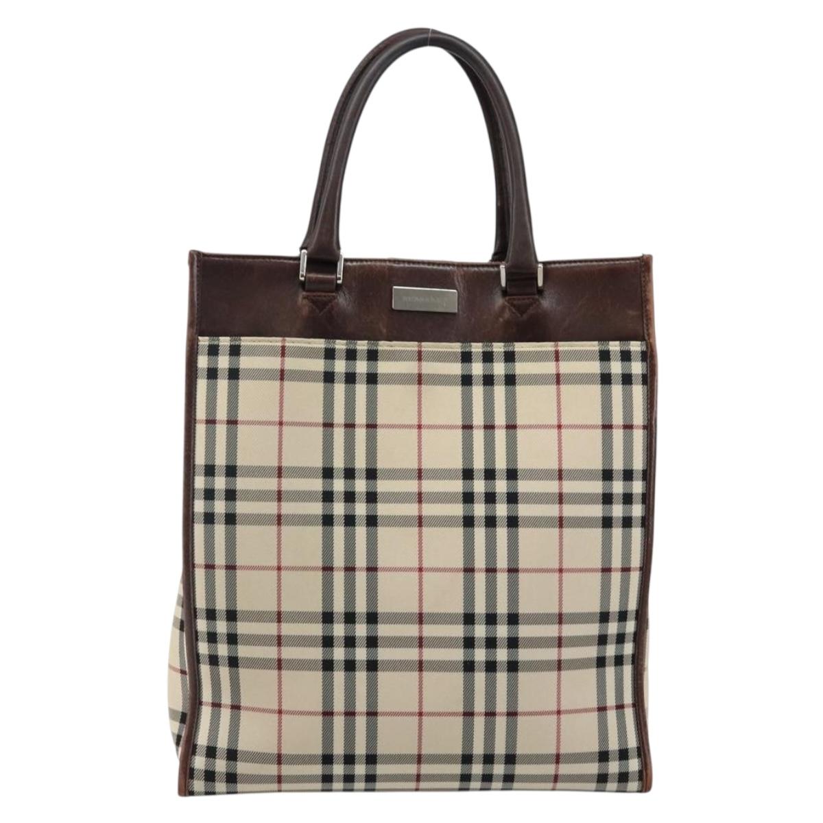 BURBERRY Nova Check Hand Bag Canvas Beige Silver Auth th6326