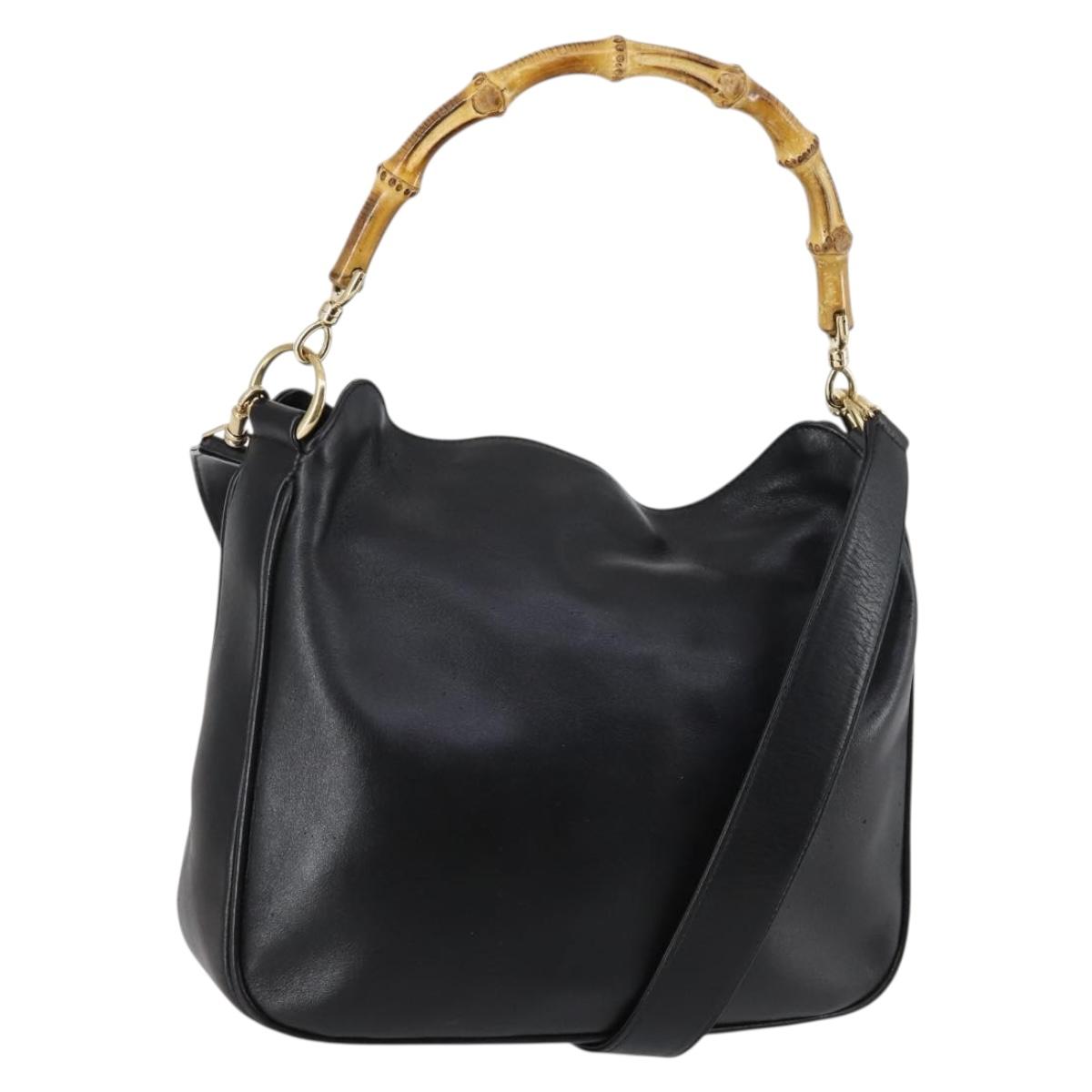 GUCCI Bamboo Hand Bag Leather 2way Black Gold 001 1638 Auth th6357