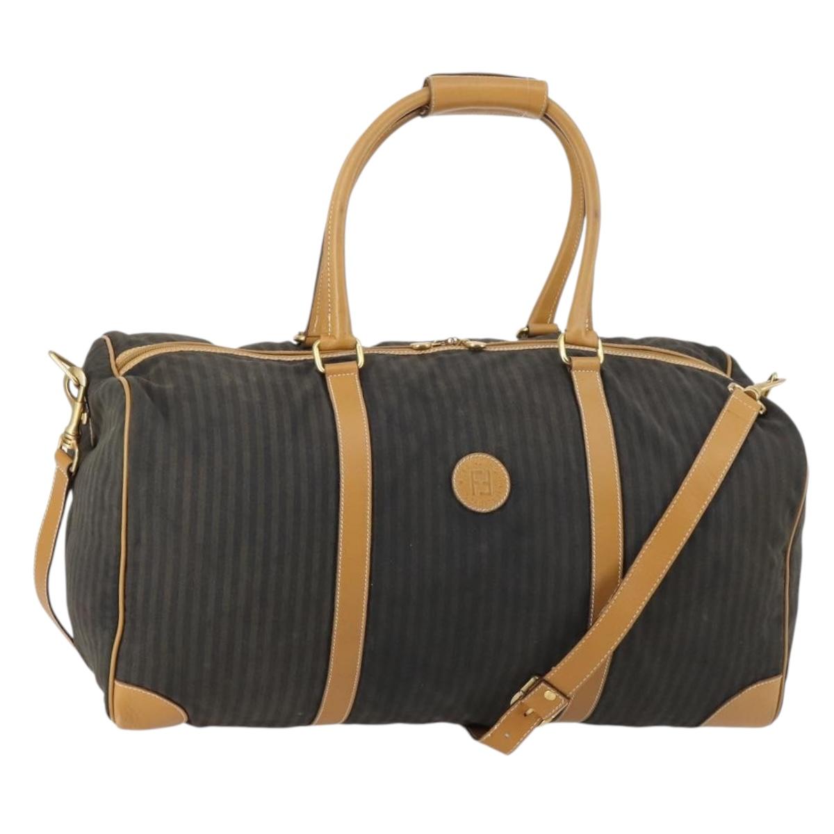 FENDI Pecan Canvas Boston Bag Coated Canvas 2way Black Brown Auth th6359